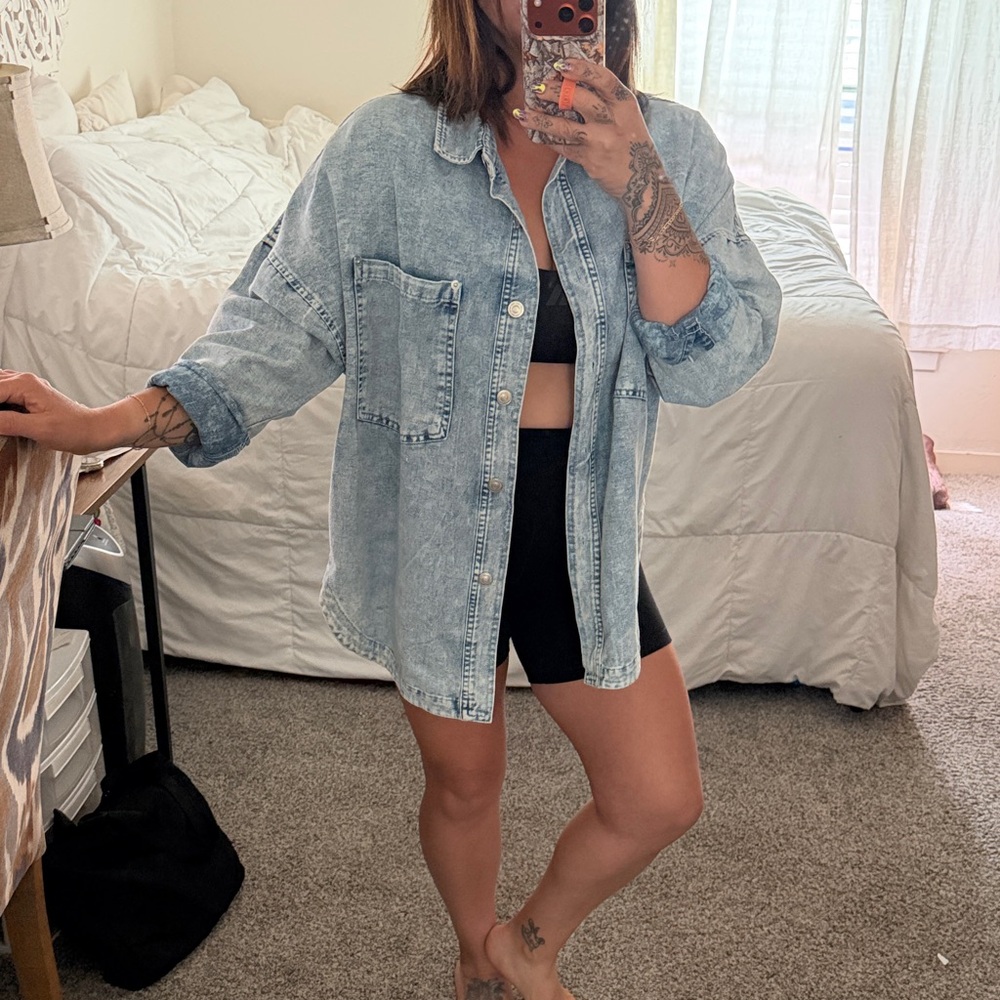 Acid Wash Light Blue Oversized Denim Shirt Jacket